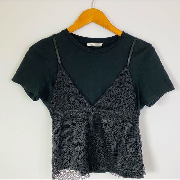ZARA Black Short Tee w Lace Overlay Tank Top - Picture 9 of 10